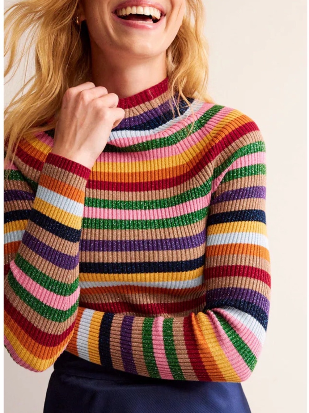 Boden Matilda Sparkle Striped Ribbed Mock-Neck Sweater (M)